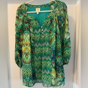 Fig and Flower Anthropologie Peacock Boho Peasant Top Lined Size 2X